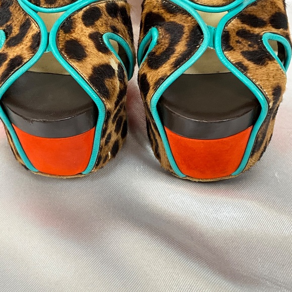 Brian Atwood Leopard Pony Hair Platform Heels Turquoise Trim Size 40 - Picture 2 of 15